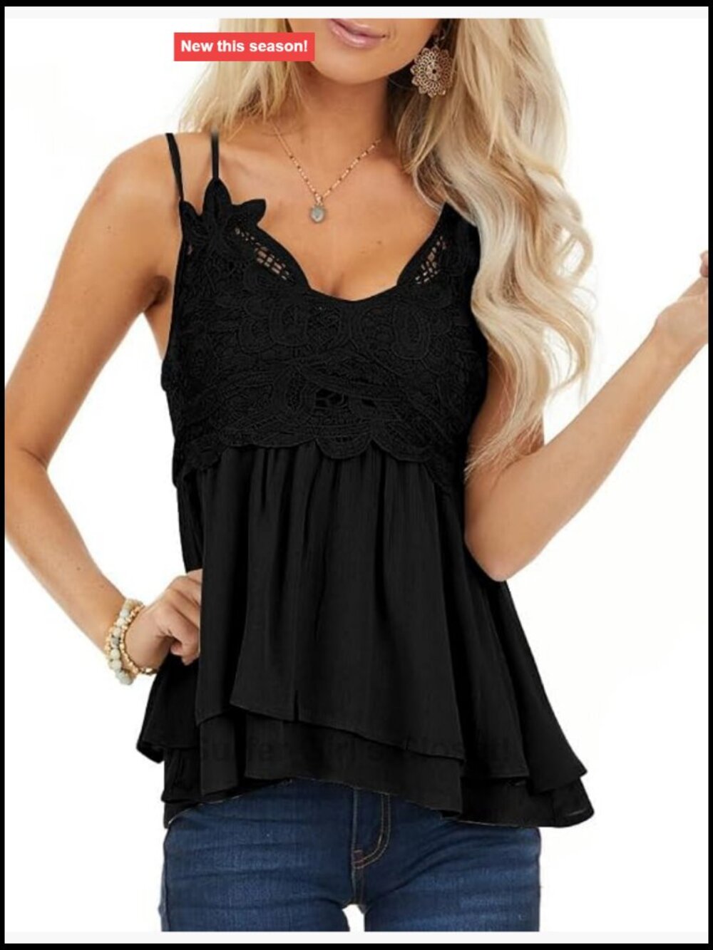 Lace V-Neck Cami Tank Top, Chiffon Babydoll, Sleeveless, Adjustable Straps
